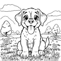 A detailed coloring page featuring a panting puppy with its tongue out, sitting happily in a grassy park