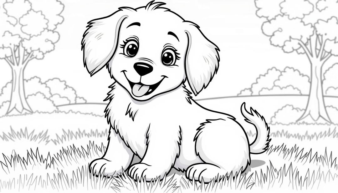 A realistic coloring page of a panting puppy with lifelike features, sitting happily in a grassy park