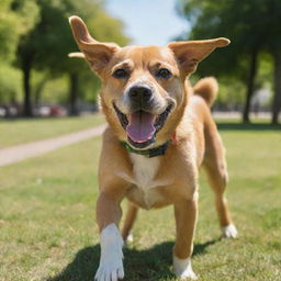 A vibrant and lively image of a playful perro(dog) in a sunny park.