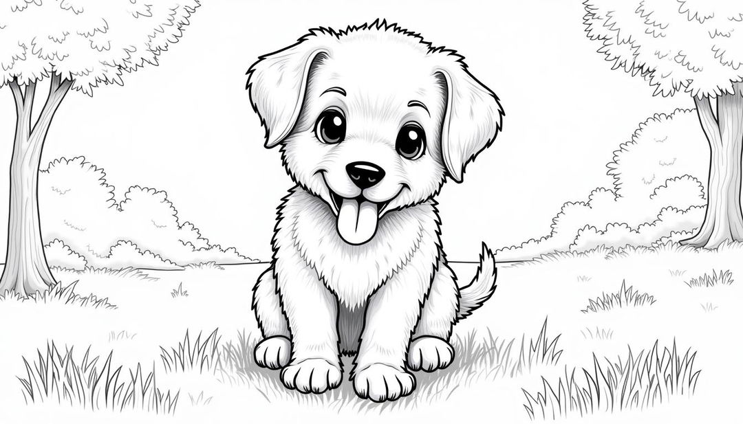 A highly realistic coloring page of a panting puppy, showcasing intricate details in the fur texture, shading, and anatomy