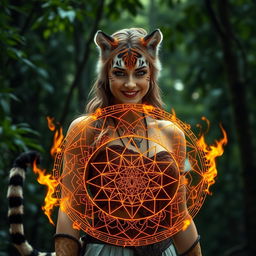 A stunning tiger-girl with features resembling Charlize Theron in fantasy attire, complete with a tiger tail