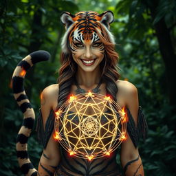 A stunning tiger-girl with features resembling Charlize Theron in fantasy attire, complete with a tiger tail