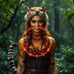 A stunning tiger-girl with features resembling Charlize Theron in fantasy attire, complete with a tiger tail