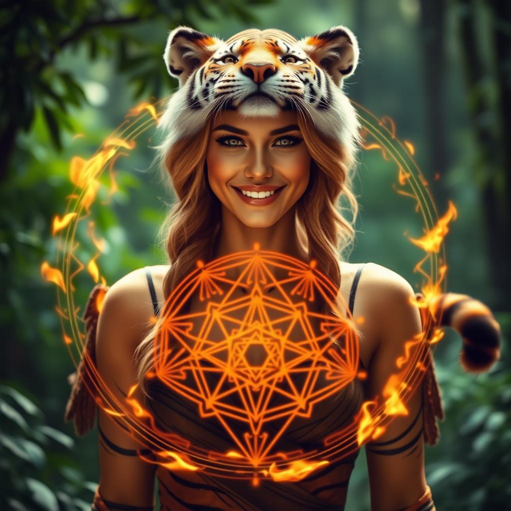 A stunning tiger-girl with features resembling Charlize Theron in fantasy attire, complete with a tiger tail