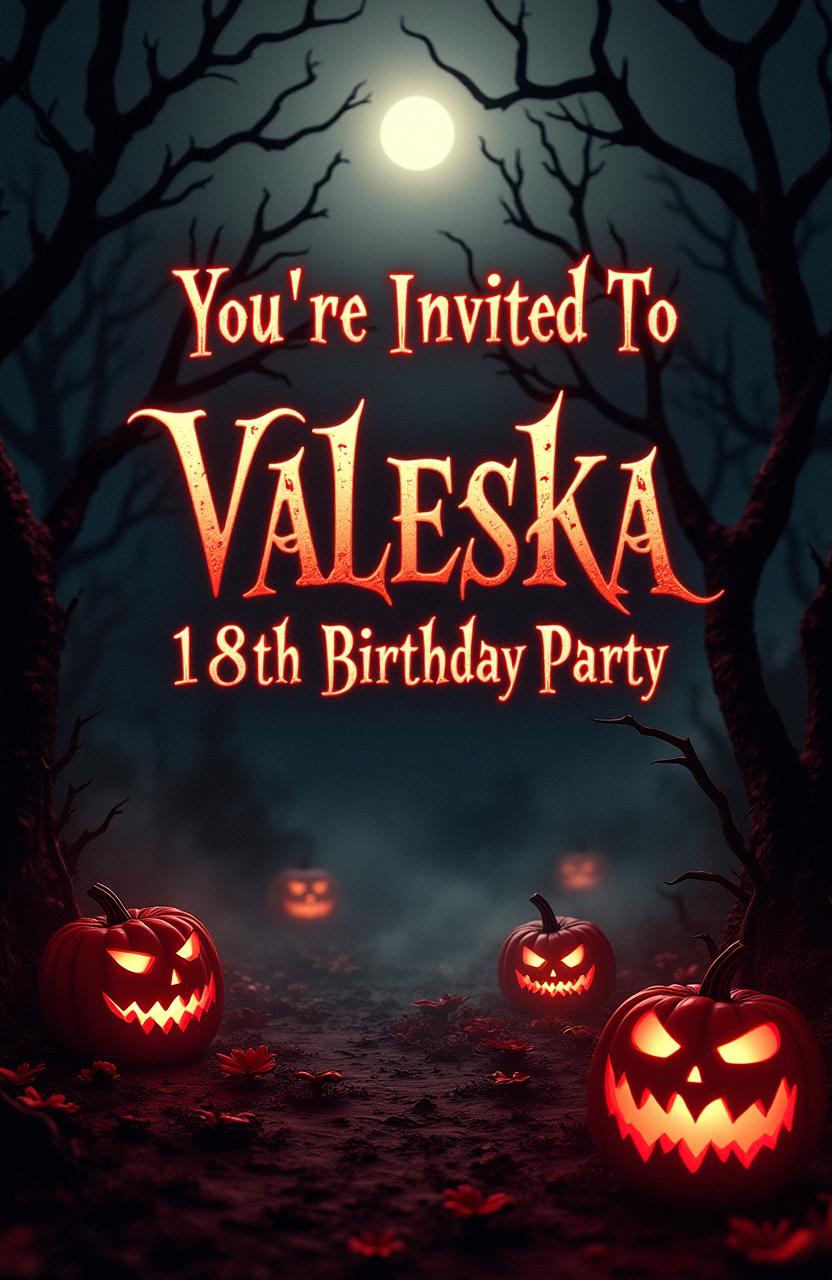 A dark, gothic horror-themed birthday invitation poster for Valeska's 18th birthday