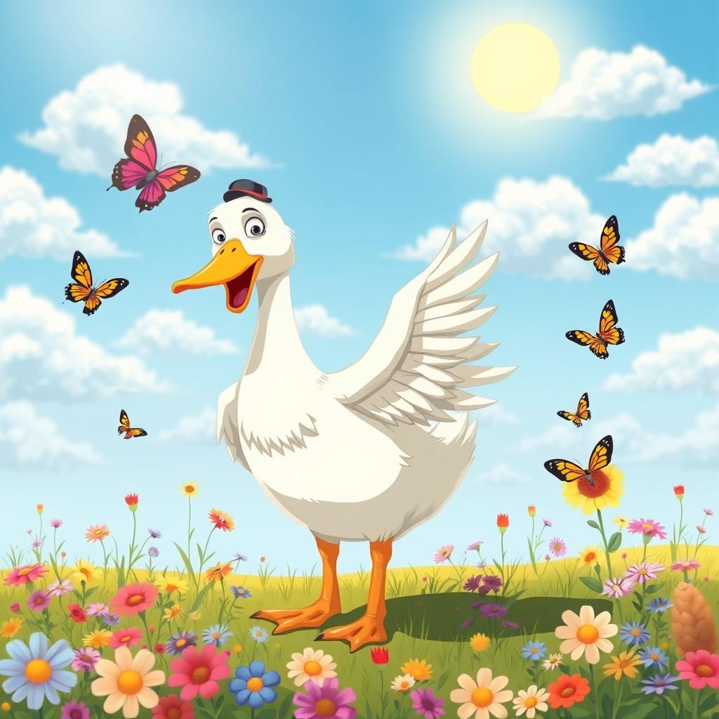 A cartoonish scene featuring a comical goose with exaggerated expressions, standing in a colorful field