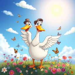 A cartoonish scene featuring a comical goose with exaggerated expressions, standing in a colorful field