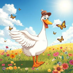 A cartoonish scene featuring a comical goose with exaggerated expressions, standing in a colorful field