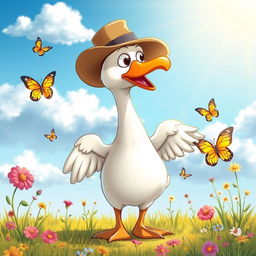 A cartoonish scene featuring a comical goose with exaggerated expressions, standing in a colorful field