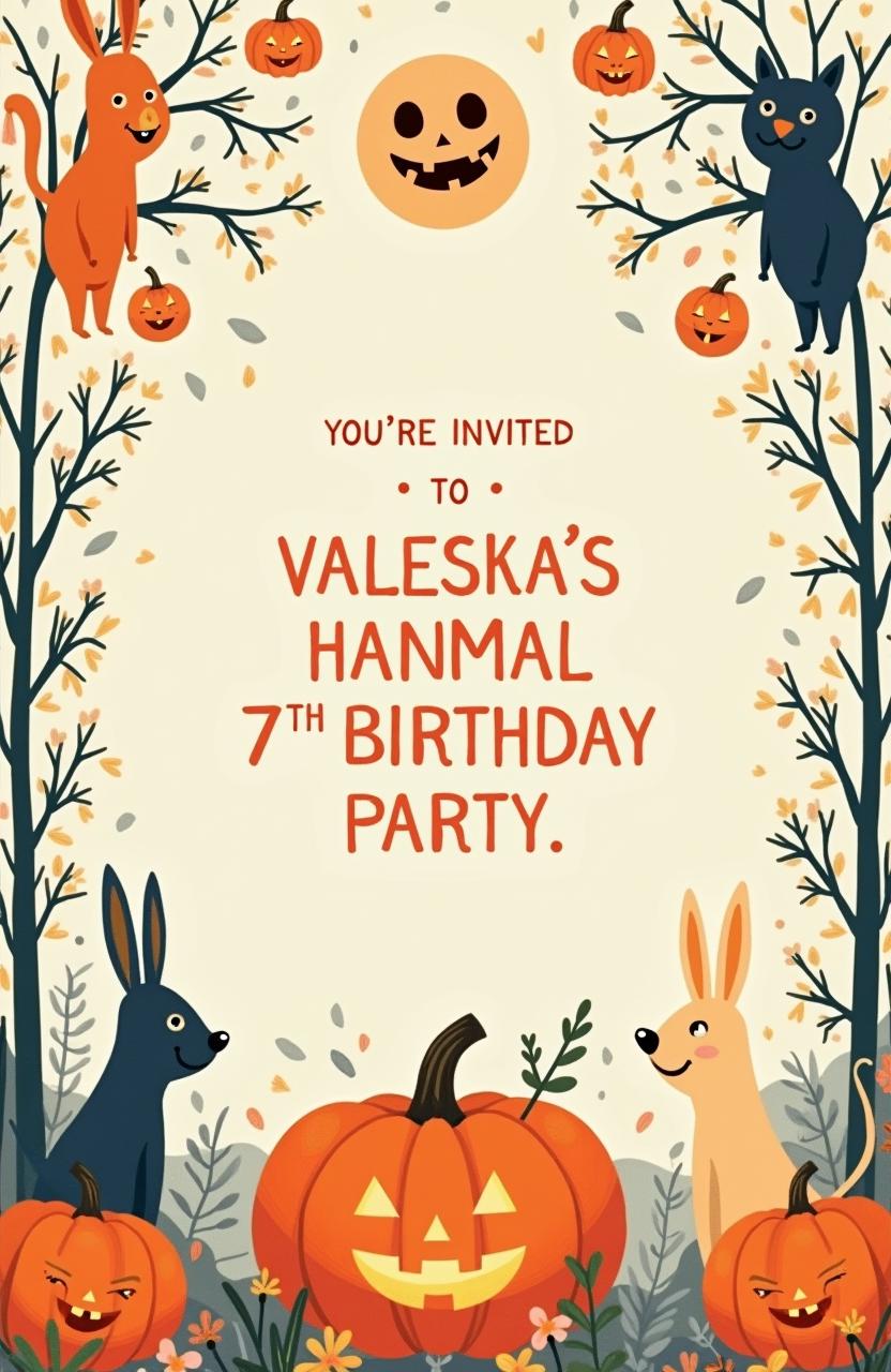 A stylized Halloween-themed kids' birthday invitation poster inspired by Wes Anderson's design aesthetic, featuring a whimsical and pastel color palette