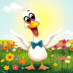 A cute, funny goose depicted in a playful and humorous manner, standing in a colorful meadow