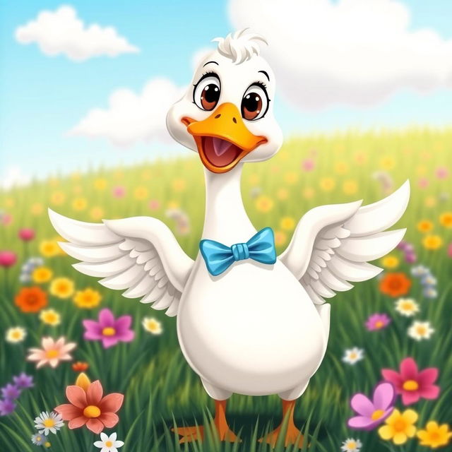 A cute, funny goose depicted in a playful and humorous manner, standing in a colorful meadow