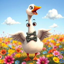 A cute, funny goose depicted in a playful and humorous manner, standing in a colorful meadow