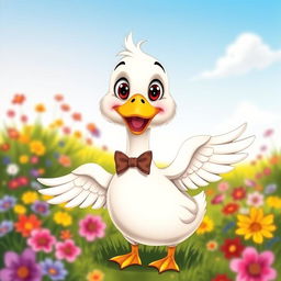 A cute, funny goose depicted in a playful and humorous manner, standing in a colorful meadow