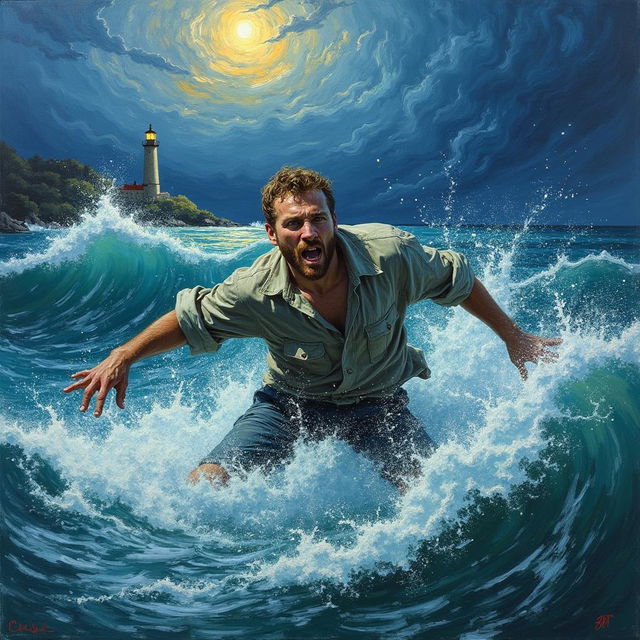 A man struggling in a violent sea storm, his expression a mix of fear and determination