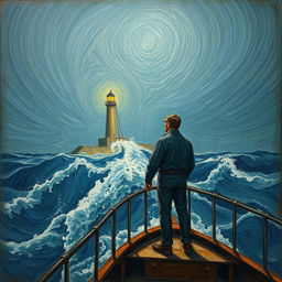 A man standing on the deck of a ship, gazing intently towards a distant lighthouse amidst a fierce sea storm