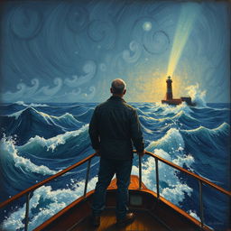 A man standing on the deck of a ship, gazing intently towards a distant lighthouse amidst a fierce sea storm