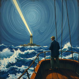 A man standing on the deck of a ship, gazing intently towards a distant lighthouse amidst a fierce sea storm