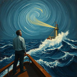 A man standing on the deck of a ship, gazing intently towards a distant lighthouse amidst a fierce sea storm