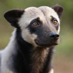 Middle-aged Honey Badger hound with fur reflecting the colors of the wild, eyes gleaming with a sharp sense of curiosity.