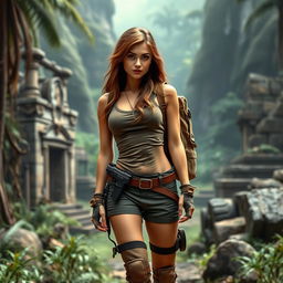 A daring and adventurous woman resembling a famous archaeologist and explorer, set in a mysterious jungle with ancient ruins