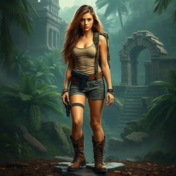 A daring and adventurous woman resembling a famous archaeologist and explorer, set in a mysterious jungle with ancient ruins