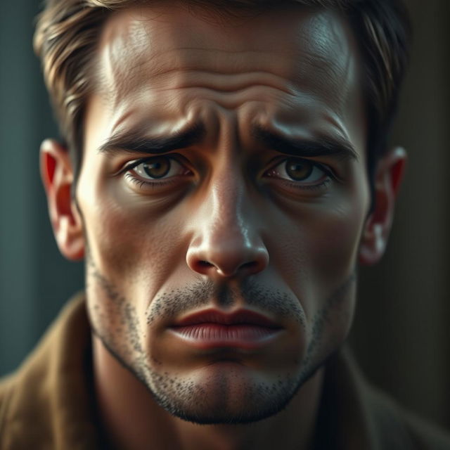 A handsome man with a sad face, depicted in hyper-realistic detail