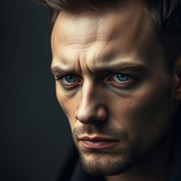 A handsome man with a sad face, depicted in hyper-realistic detail