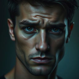 A handsome man with a sad face, depicted in hyper-realistic detail