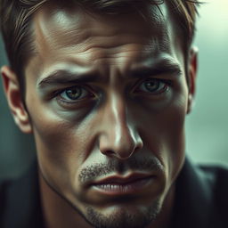 A handsome man with a sad face, depicted in hyper-realistic detail