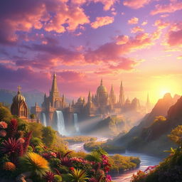 A fantasy landscape featuring a mythical city with grandiose golden spires and shimmering waterfalls