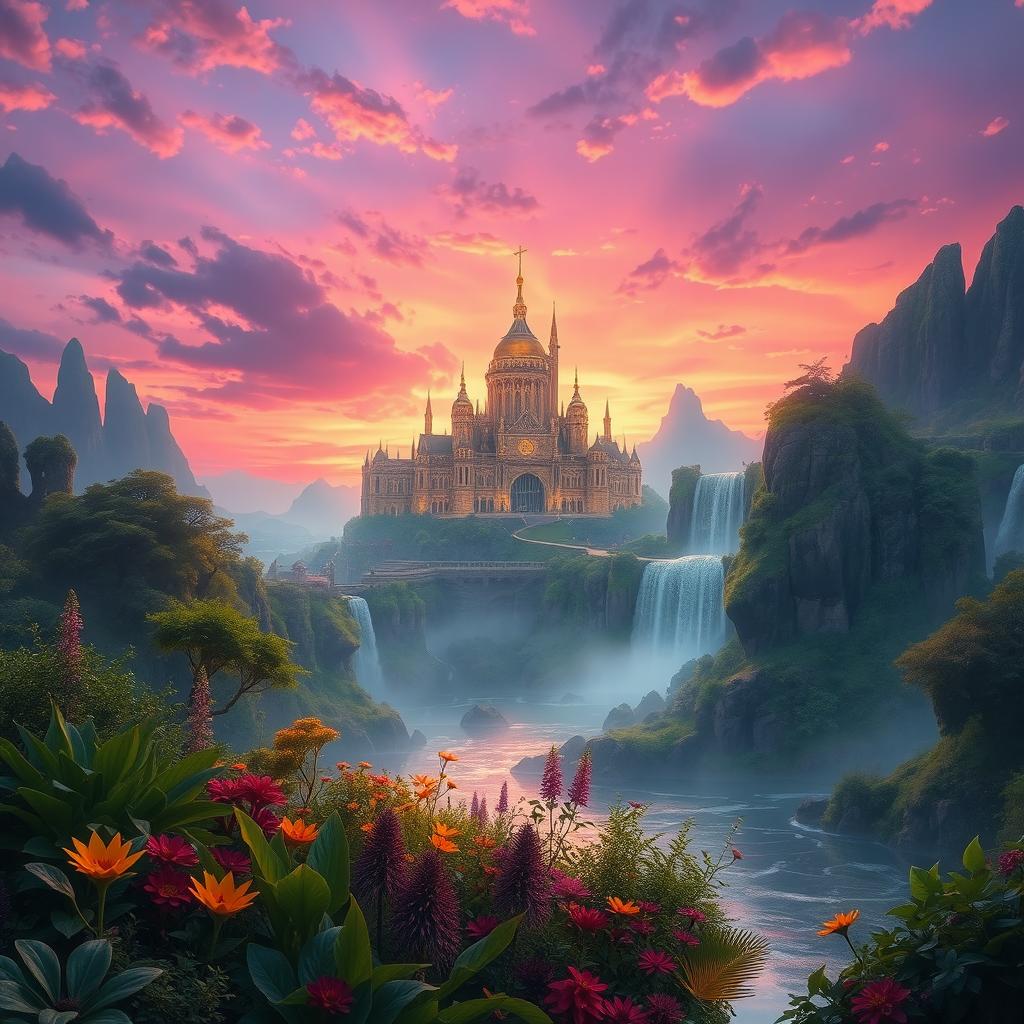 A fantasy landscape featuring a mythical city with grandiose golden spires and shimmering waterfalls