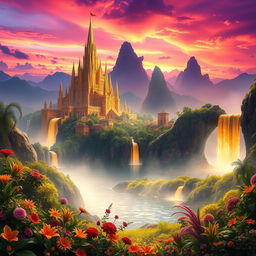 A fantasy landscape featuring a mythical city with grandiose golden spires and shimmering waterfalls