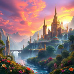 A fantasy landscape featuring a mythical city with grandiose golden spires and shimmering waterfalls