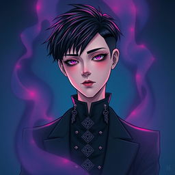 An illustrated image of a mysterious androgynous illusionist with a pixie cut, exuding an enigmatic presence