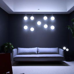 Modern living room with spotlights hanging from the ceiling, dark grey couches adorned with circular LED lights, evoking a cozy yet contemporary feel.