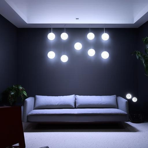 Modern living room with spotlights hanging from the ceiling, dark grey couches adorned with circular LED lights, evoking a cozy yet contemporary feel.