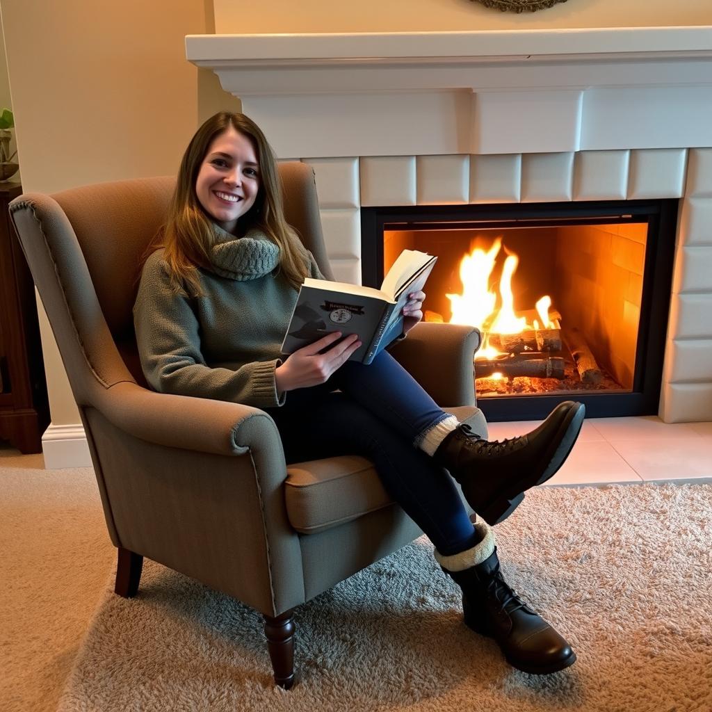 Portrait of a person sitting in a comfortable chair by a fireplace, holding a book