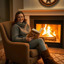 Portrait of a person sitting in a comfortable chair by a fireplace, holding a book