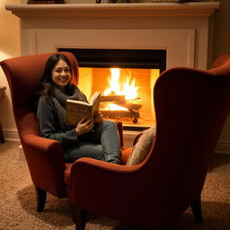 Portrait of a person sitting in a comfortable chair by a fireplace, holding a book