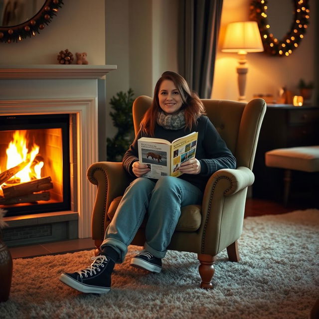 Portrait of a person sitting in a comfortable chair by a fireplace, holding a book