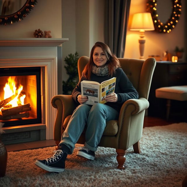 Portrait of a person sitting in a comfortable chair by a fireplace, holding a book