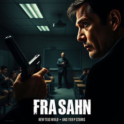 A tense and dramatic film poster featuring a close-up of an inspector, gripping a gun and staring intently at a menacing figure, the terrorist leader, across a dimly lit classroom