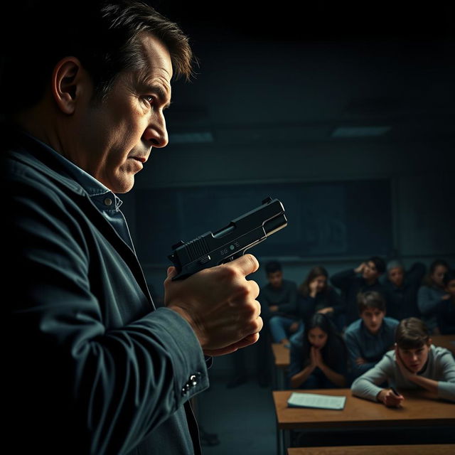 A tense and dramatic film poster featuring a close-up of an inspector, gripping a gun and staring intently at a menacing figure, the terrorist leader, across a dimly lit classroom