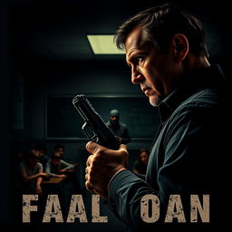 A tense and dramatic film poster featuring a close-up of an inspector, gripping a gun and staring intently at a menacing figure, the terrorist leader, across a dimly lit classroom