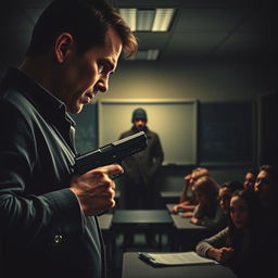 A tense and dramatic film poster featuring a close-up of an inspector, gripping a gun and staring intently at a menacing figure, the terrorist leader, across a dimly lit classroom