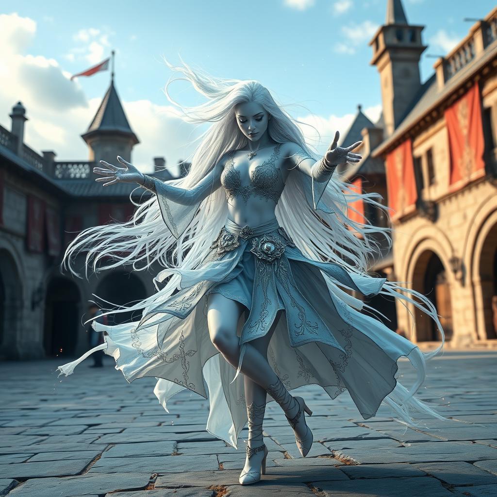 A stunning female air genasi dancer in a medieval fantasy setting