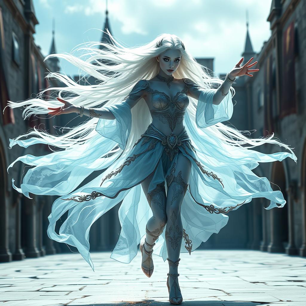 A stunning female air genasi dancer in a medieval fantasy setting