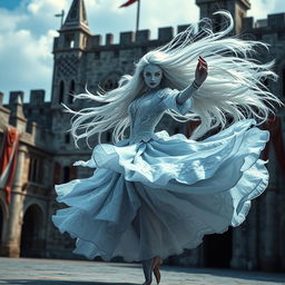 A spectacular female air genasi classical dancer in a medieval fantasy setting, captured in a dynamic pose as she twirls like a tornado