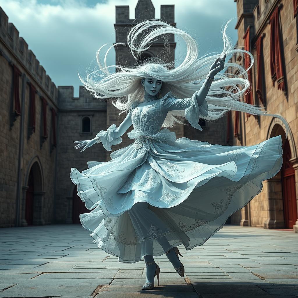 A spectacular female air genasi classical dancer in a medieval fantasy setting, captured in a dynamic pose as she twirls like a tornado